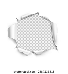 Vector realistic ripped torn hole in the sheet of paper on a transparent background.