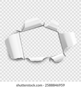 Vector realistic ripped torn hole in the sheet of paper. Template for design. Paper mockup.