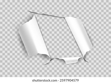Vector realistic ripped torn hole in the sheet of paper. Template for design. Paper mockup.