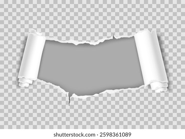 Vector realistic ripped torn hole in the sheet of paper. Template for design. Paper mockup.