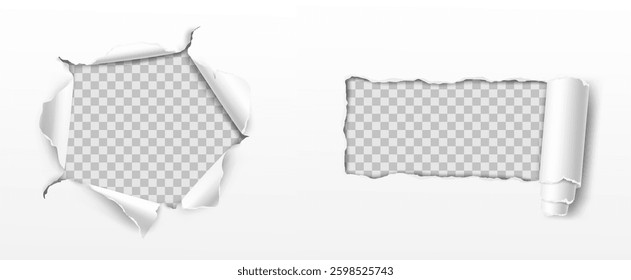 Vector realistic ripped torn hole in the sheet of paper. Template for design. Paper mockup.