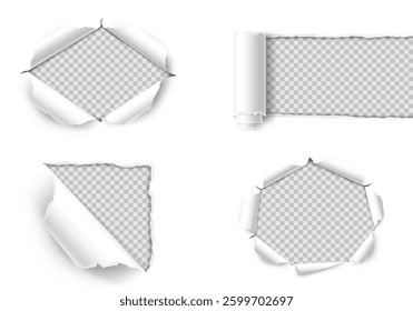 Vector realistic ripped torn hole in the sheet of paper. Template for design. Paper mockup.