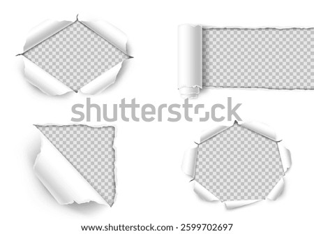 Vector realistic ripped torn hole in the sheet of paper. Template for design. Paper mockup.