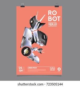 Vector Realistic Robot Illustration. Robot and toys design festival poster template.