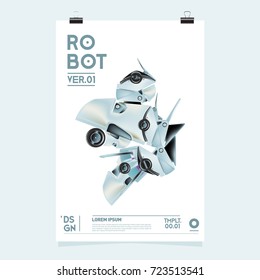 Vector Realistic Robot Illustration. Robot and toys design festival poster template.