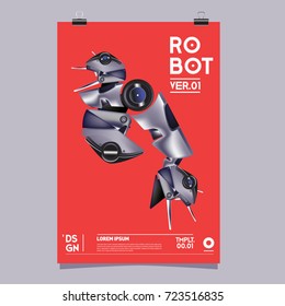 Vector Realistic Robot Illustration. Robot and toys design festival poster template.