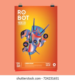 Vector Realistic Robot Illustration. Robot and toys design festival poster template.