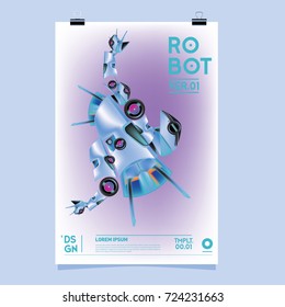 Vector Realistic Robot Illustration. Robot and toys design festival poster template.