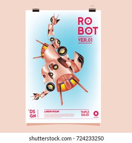 Vector Realistic Robot Illustration. Robot and toys design festival poster template.