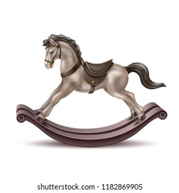 Vector realistic rocking horse, vintage marble color wooden toy for kids, christmas present. Retro horse riding game for babies, antique cute animal with saddle. 3d illustration