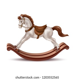 Vector realistic rocking horse, vintage pearl marble color wooden toy for kids, christmas present. Retro horse riding game for babies, antique cute animal with saddle. 3d illustration