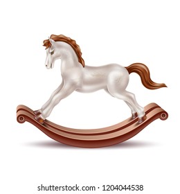 Vector realistic rocking horse, vintage pearl marble color wooden toy for kids, christmas present. Retro horse riding game for babies, antique cute anima. 3d illustration