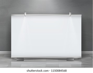 Vector Realistic Roll Up Banner, Horizontal Stand, Blank Billboard For Exhibition And Business Presentations, Isolated On Gray Background. Mockup With White Board, Roll-up Display For Commercial Ads