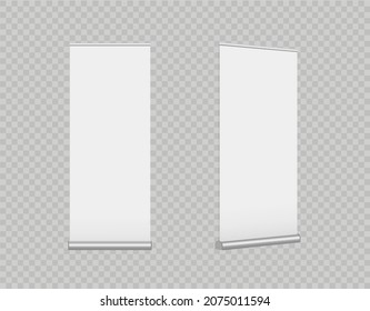Vector realistic roll-up banners isolated on a transparent background. Vertical template for branding advertising, conferences, shows. Mobile sliding advertising stands. Mock-up. EPS10.