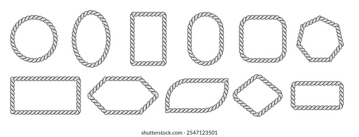 Coleção de quadros de corda realista de vetor. Bordas de corda em diferentes formas geométricas retângulo, quadrado, círculo, losango, oval e hexágono isolado em fundo transparente.