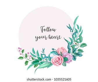vector realistic rose flower decorated vintage luxurious marriage circle card template with elegant watercolor floral pattern. Isolated background illustration. Wedding marriage invitation card design