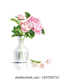 Vector realistic rose flowers with leaves bouquet in transparent vase with falling petals. Vintage floral, valentines day, 8 of march women day holiday, marriage and wedding card, save the date design