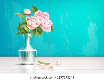 Vector realistic rose flowers with leaves bouquet in transparent vase with falling petals at table on green wooden wall background. Vintage valentines day, 8 of march women day holiday, wedding card