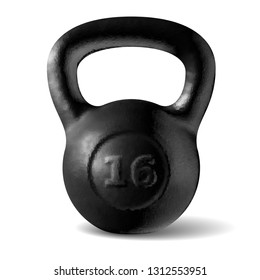Vector realistic rough black kettlebell 16 kg isolated on white background. Eps8. RGB. One global color