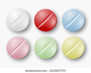 Vector Realistic Round Pharmaceutical Medical Pills, Tablets, Vitamins, Capsule Set Closeup Isolated. Pills Design Template, Collection. Front, Top View. Medicine, Health Concept