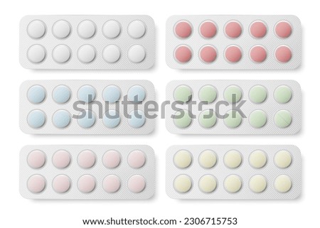 Vector Realistic Round Pharmaceutical Medical Pills, Vitamins, Capsule in Blister Set Closeup Isolated. Pills Design Template, Collection. Front, Top View. Medicine, Health Concept