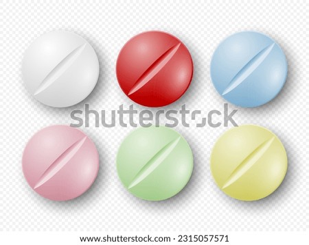 Vector Realistic Round Pharmaceutical Medical Pills, Tablets, Vitamins, Capsule Set Closeup Isolated. Pills Design Template, Collection. Front, Top View. Medicine, Health Concept