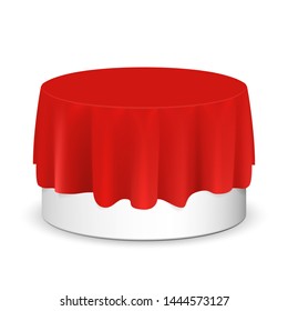 Vector realistic round podium covered with red silk cloth. Empty podium, stand with tablecloth. Round podium for displaying products. Podium hidden under satin fabric with drapery and folds.