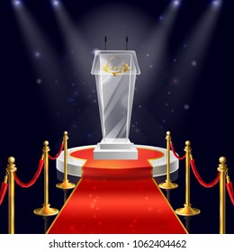 Vector realistic round podium with glass tribune for public speaking, red velvet carpet, ropes with golden stanchions illuminated by spotlights. Concept background with pedestal for award ceremony