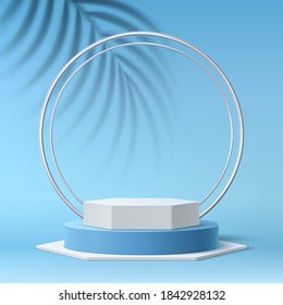 Vector realistic round podium on blue tropical leaves and circles background. Empty circle platform, symbol of success and achievement. Product presentation, exhibition plinth stand