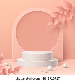 Vector realistic round podium on leaves, balls and abstract geometric background. Empty circle platform, symbol of success and achievement. Product presentation, exhibition plinth stand