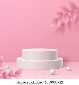 Vector realistic round podium on leaves, balls and abstract geometric background. Empty circle platform, symbol of success and achievement. Product presentation, exhibition plinth stand