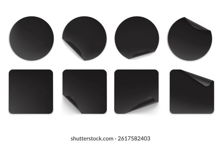 Vector realistic round and square sticker with curled edges and shadow isolated on transparent background. Mockup of adhesive sticker for design. Label, price tag template.