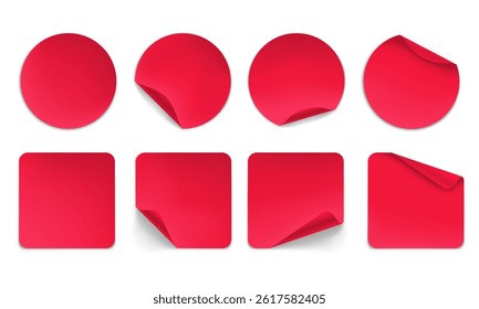 Vector realistic round and square sticker with curled edges and shadow isolated on transparent background. Mockup of adhesive sticker for design. Label, price tag template.