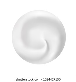 Fondo giratorio circular realista vectorial. Yogur, leche o postre. Crema cosmética blanca Curl, remolino y vórtice. Frasco de crema aislado en blanco. Vista superior. 3 quinquies. Pasos 10. 