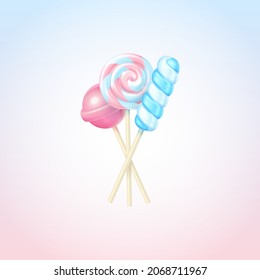 Vector realistic round and twisted striped blue and pink lollipops. Cute isolated illustration of three three-dimensional colorful glossy candies on sticks on a gradient background. Juicy sweets icon