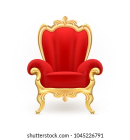 Vector realistic royal throne, luxurious red chair with carved golden legs isolated on background. Gilded antique armchair in victorian style. Object of expensive, exclusive furniture for vip person