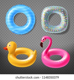 Vector realistic rubber rings - yellow duck, childish pink flamingo or blue lifebuoy. Bright colorful object isolated on dark background. Cute equipment for vacation, holidays on sea, swimming pool.