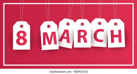 Vector realistic sale labels on the pink background. Concept of Happy Women's Day