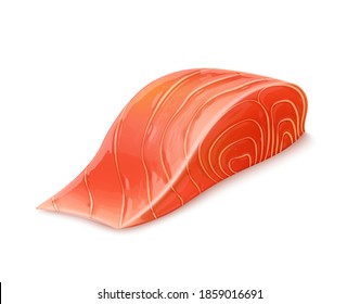 Vector realistic salmon fillet slice isolated. Delicious raw fish peeled fillet for restaurant menu, sushi design. Seafood fillet, trout fresh steak for sashimi.