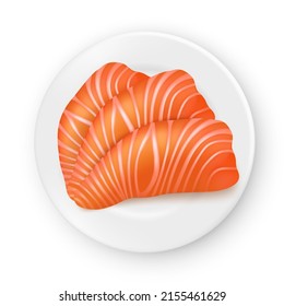 Vector realistic salmon wedges on a white porcelain plate. Seafood illustration. View from above