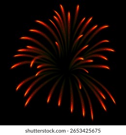Saudação realista de vetor com respingos brilhantes de vermelho com partículas. Pirotecnia para o feriado. Explosão colorida no céu noturno. Decoração para o show, corona. Plano de fundo preto isolado.