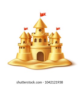 Vector Realistic Sand Castle, Fort Or Fortress With Towers, Gates And Flags. 3d Summer Vacation Travel Kids Children Leisure Fun Play Object. Illustration Tropical Resort Sculpture Isolated Background