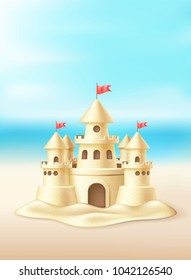 Vector realistic sand castle with towers, flags on beach coast coastline, seaside, seashore background with sand, blue sea ocean water, summer sky. Holiday vacation, travel resort illustration