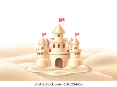 Vector realistic sand castle with towers, flags on beach coast coastline, seaside, seashore background with desert sand, isolated backdrop. Holiday vacation, travel resort illustration