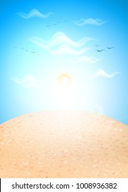 Vector realistic sand island in ocean sea under blue cloud sun sky. Summer vacation beach travel tropical paradise resort landscape backdrop background. Illustration for poster banner touristic design