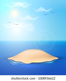 Vector realistic sand island in ocean sea under blue cloud sun sky. Summer vacation beach travel tropical paradise resort landscape backdrop background. Illustration for poster banner touristic design