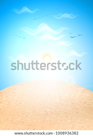Vector realistic sand island in ocean sea under blue cloud sun sky. Summer vacation beach travel tropical paradise resort landscape backdrop background. Illustration for poster banner touristic design