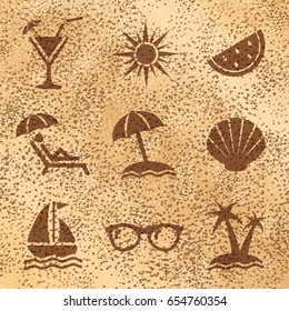 Vector realistic sand texture background. Set of summer icons