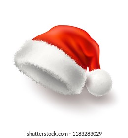 Vector realistic santa hat, cap. Merry Christmas holiday, new year headdress for winter xmas celebration decoration. Traditional fancy 3d costume for december seasonal design. Isolated illustration