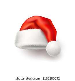 Vector realistic santa hat, cap. Merry Christmas holiday, new year headdress for winter xmas celebration decoration. Traditional fancy 3d costume for december seasonal design. Isolated illustration